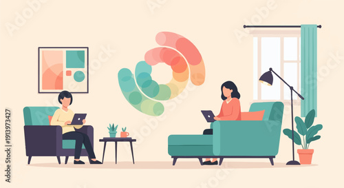 Two people working on laptops in a living room with abstract art and plants