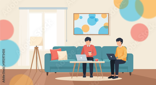 Two people working on laptops in a living room with abstract circles