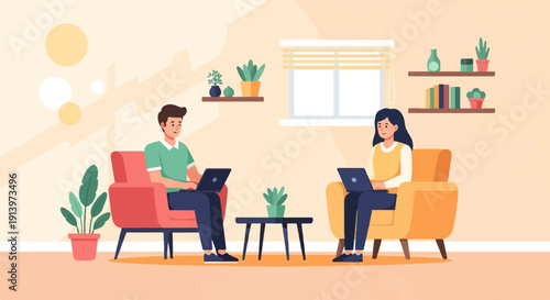 Two people working on laptops in a living room with plants and bookshelves