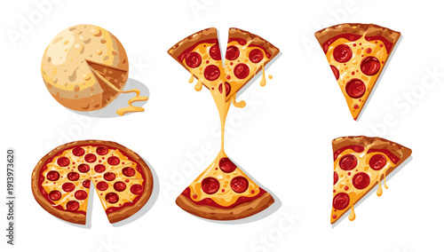 Pepperoni Pizza Set with Slices and Melted Cheese Vector Illustration Isolated on White Background