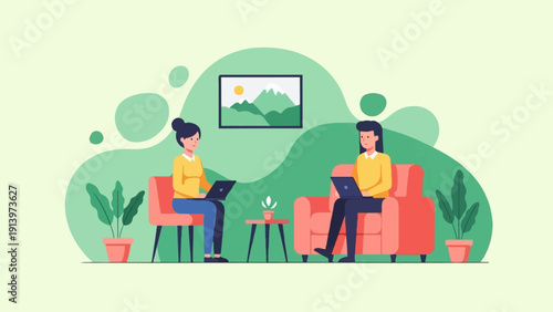 Two people working on laptops in a stylized, modern living room setting