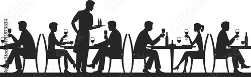 Restaurant dining silhouettes showing waiter serving wine to customers, people eating and drinking at tables, cafe hospitality and nightlife scene isolated on white background.