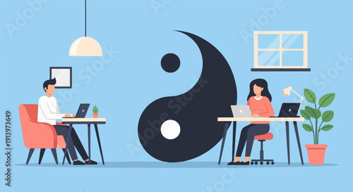Two people working on laptops in an office with a large yin-yang symbol