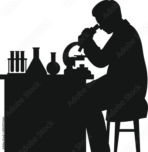 Scientist silhouette using microscope in laboratory with test tubes and flasks, scientific research and medical analysis concept, chemistry biology experiment isolated on white background.