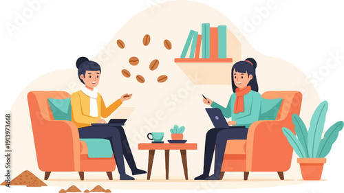 Two people working on laptops in armchairs, with coffee beans floating above