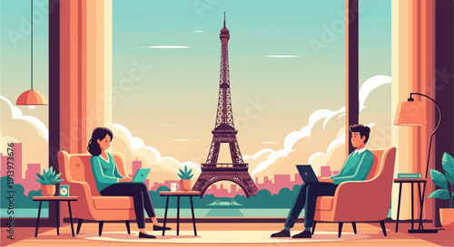 Two people working on laptops in armchairs with Eiffel Tower view