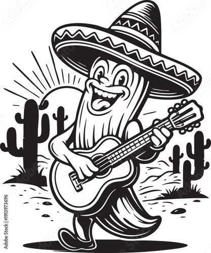 Funny Mexican Chili Pepper Playing Guitar Cartoon Illustration