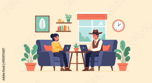 Two people working on laptops in cozy room