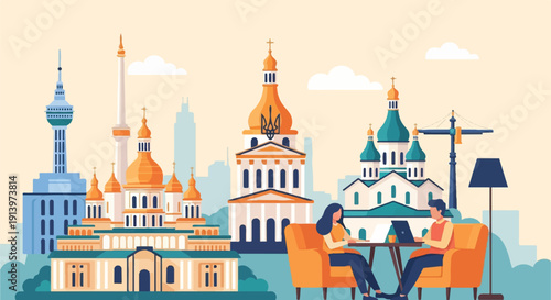 Two people working on laptops in front of a city skyline