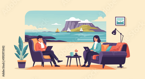 Two people working on laptops indoors with a scenic ocean view