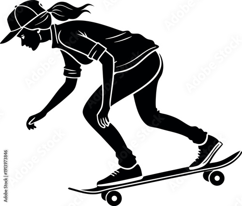 Vector silhouette of a female skateboarder in a baseball cap and sneakers, riding a skateboard with dynamic motion, isolated on a transparent background.