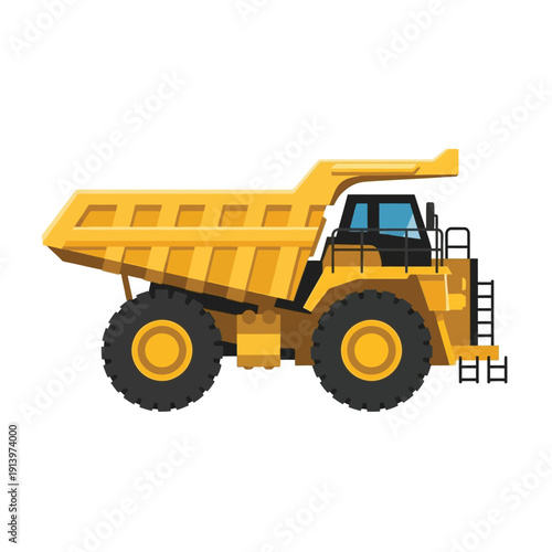 Massive yellow dump truck, designed for heavy-duty mining and construction work, on white background
