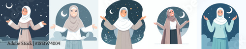 vector half body of a muslim woman standing looking at the ramadan night sky