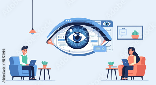 Two people working on laptops under a large digital eye