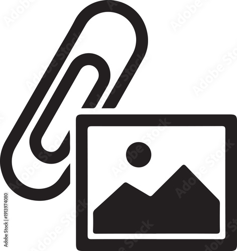 A black and white icon displaying a paperclip and a photo image symbol