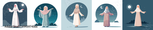 vector of a muslim woman standing looking at the ramadan night sky