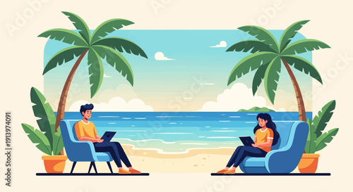 Two people working on laptops under palm trees on a sandy beach by the ocean