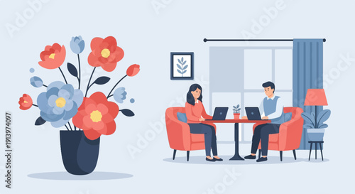Two people working on laptops while sitting in red chairs next to flowers