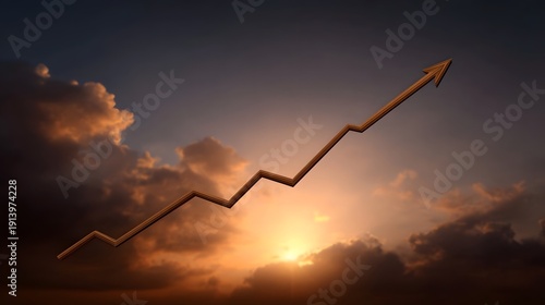 A stylized upward trending graph with an arrow ascends against a dramatic sunset sky with clouds