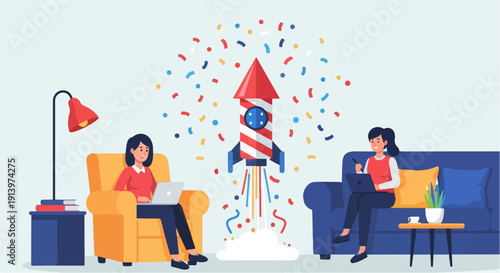 Two people working on laptops with a rocket launching amidst confetti