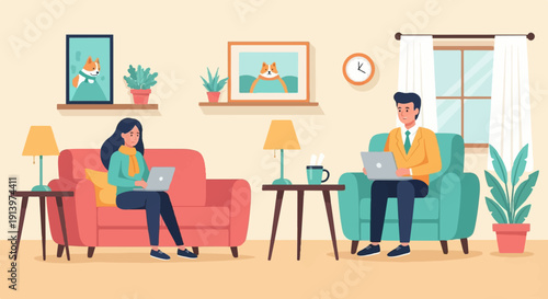 Two people working remotely on laptops while sitting on comfortable couches at home