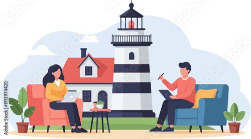 Two people working remotely on laptops near a lighthouse and house