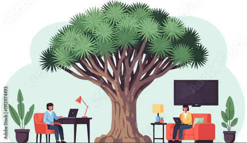 Two people working remotely under a large tree, with a TV visible