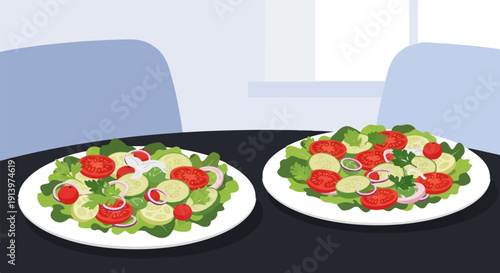 Two plates of fresh salad with tomatoes, cucumbers, and onions