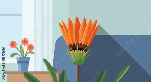 Two potted plants with vibrant orange flowers, indoors, near a window
