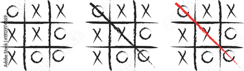 Hand Drawn Tic Tac Toe Game Set – Grunge X and O Strategy Board with Winning Line Concept Vector Illustration
