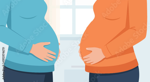Two pregnant women stand side-by-side, their hands cradling their bellies