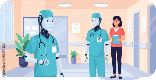 Two robots dressed as medical staff in a hospital hallway with a human