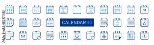 Calendar 30 icons set. Schedule line blue icon collection. Plan, date sign. Vector illustration. Isolated on a white background. Flat design. Editable stroke.