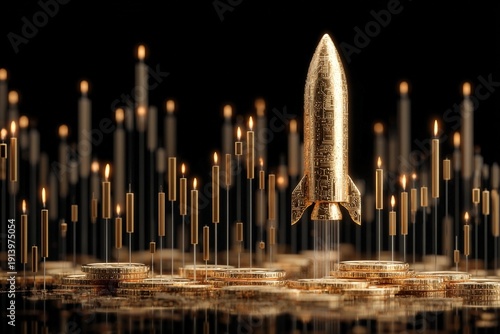 Golden rocket launches surrounded by candles and coins at night in a dark setting with shining light