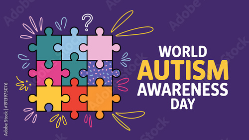 World Autism Awareness Day colorful puzzle pieces and text on purple background