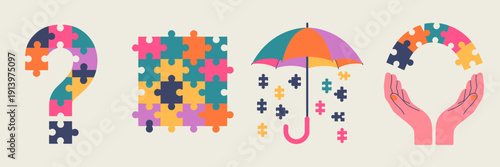 Colorful puzzle pieces forming question mark and exclamation point with umbrella and hand
