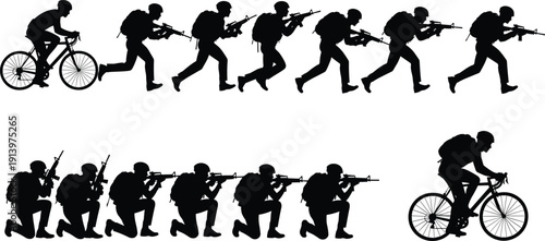 Military soldier silhouette sequence showing tactical movement, running, kneeling, aiming rifles, and bicycle patrol formation, black vector illustration isolated on white background