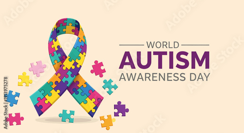 World Autism Awareness Day colorful puzzle pieces ribbon symbol