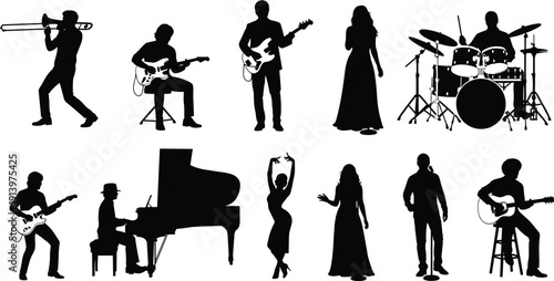 Music band silhouette collection showing singers, guitarists, pianist, drummer, trombone player, and dancers performing live, black vector illustration set isolated on white background