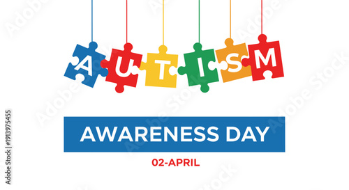 Autism Awareness Day colorful puzzle pieces hanging from strings with text on white background