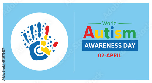 World Autism Awareness Day poster with colorful hand and text on blue background