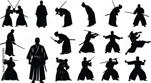 Samurai warrior silhouette collection showing traditional sword fighting stances, kendo and kenjutsu combat poses, Japanese martial arts figures, black vector illustration isolated on white background