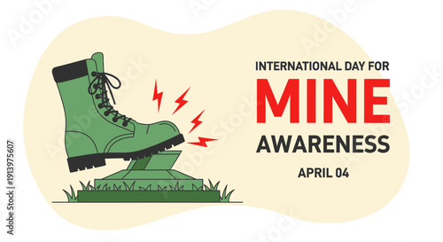 International Day for Mine Awareness poster with green boot and mine on grass