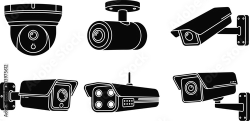 Security camera silhouette set showing CCTV dome, bullet, and surveillance cameras, black vector illustration collection isolated on white background for safety monitoring concepts
