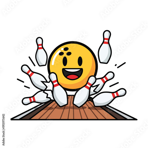 Smiling bowling ball surrounded by falling pins on a wooden lane, energetic, cartoonish, overhead view
