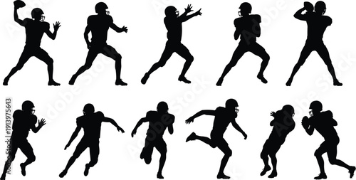 Set of American football player silhouettes in different running, throwing, and tackling actions, professional sport poses, athletic competition movements isolated on white background