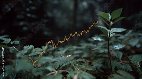 Upward trending financial graph superimposed over lush dark green forest foliage symbolizing growth and nature
