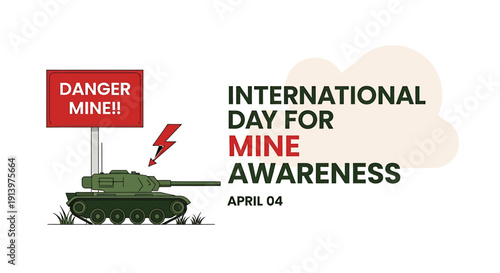 International Day for Mine Awareness poster with tank and danger sign April 04