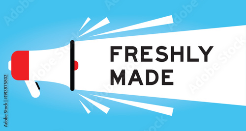 Color megaphone icon with word freshly made in white banner on blue background