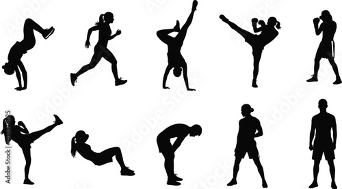 Set of athletic people silhouettes performing fitness, martial arts, and workout exercises, dynamic sport poses, training movements, action body positions isolated on white background